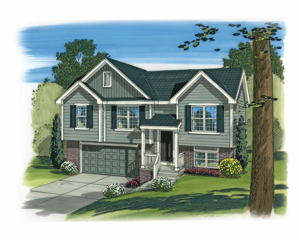 Front elevation of Split-Level home plan (ThePlanCollection: House Plan #100-1165)