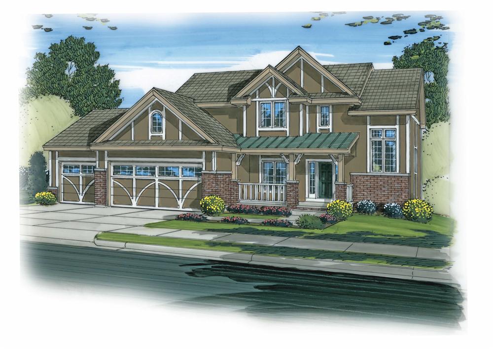 This is a colorful rendering of these Tudor Craftsman Homeplans.