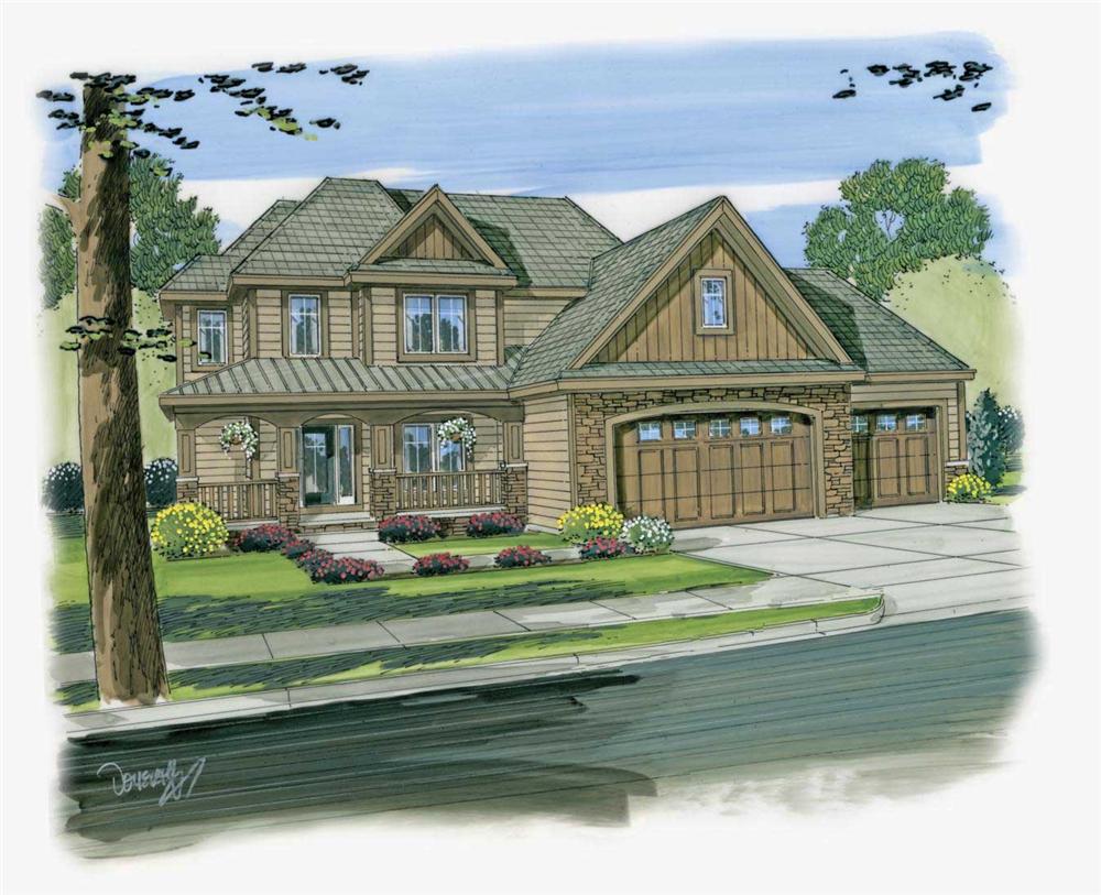This image is an artist's painting of the front elevation for these Craftsman House Plans.