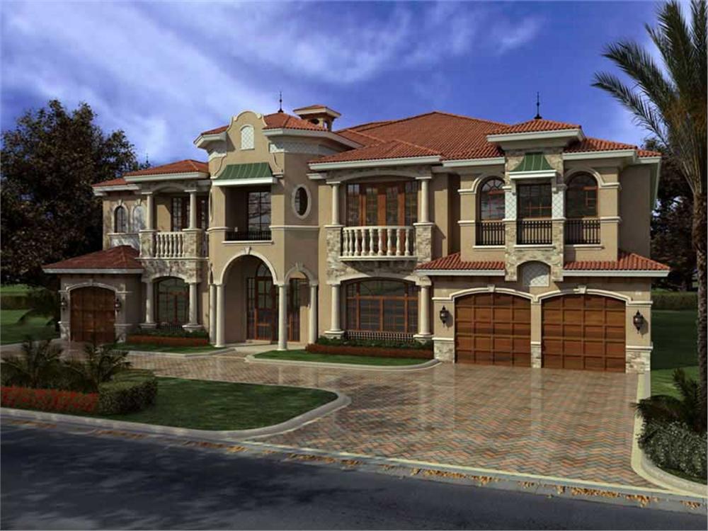 This image shows the front elevation of these Luxury house plans.