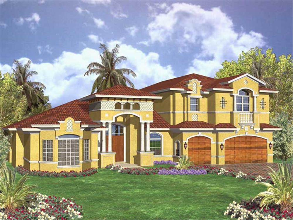 This image shows the front elevation of these Mediterranean House Plans, Beachfront Home Design, 1-1/2 Story Home Plans, Luxury FloorPlans.
