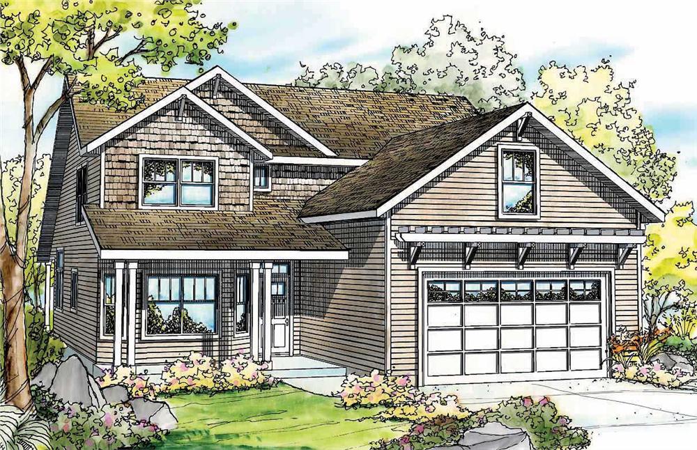 This is a colorful rendering of these Traditional Craftsman House Plans.