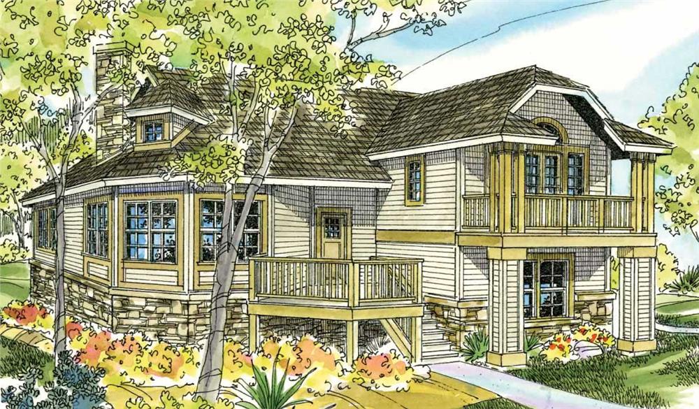 This is an artist's colofully accurate rendering of the front elevation of these magnificent Contemporary Cottage House Plans.