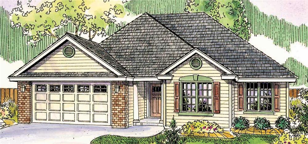 This is a colored drawing of the front of these Transitional Homeplans.
