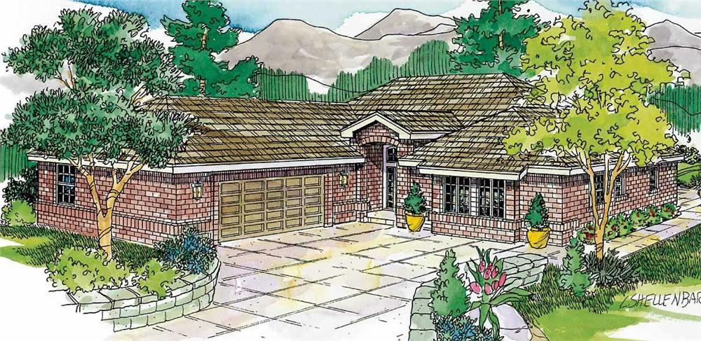 This is a colored elevation of these European Ranch Houseplans.