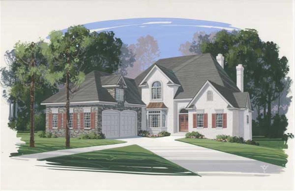 This is an artist's rendering of the front of these Eurooean House Plans.