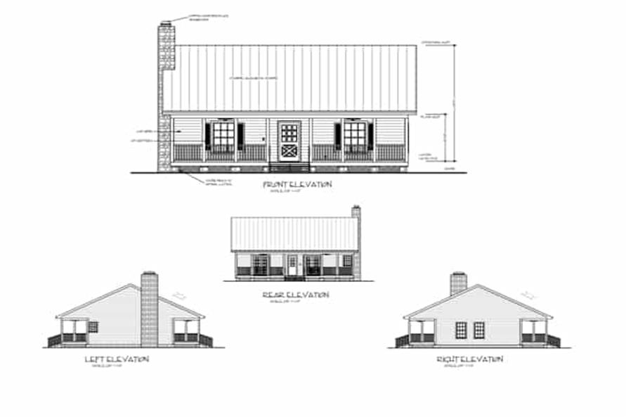 109-1010: Home Plan Rear Elevation, Front Elevation, and Side Elevations