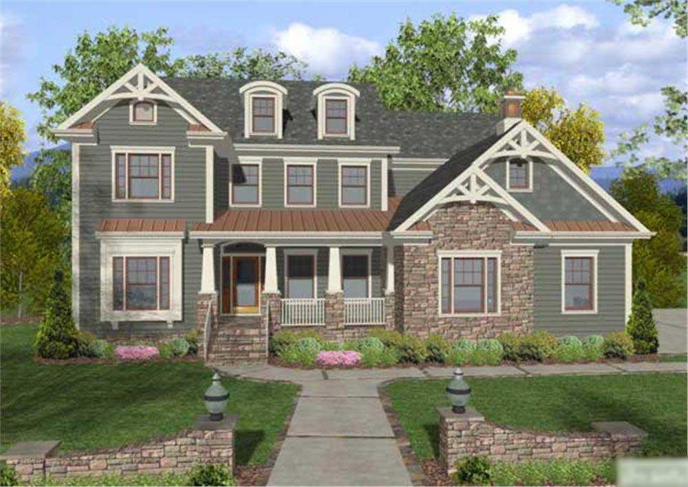 This is a colorful and flavorful front elevation of these Craftsman Home Plans.