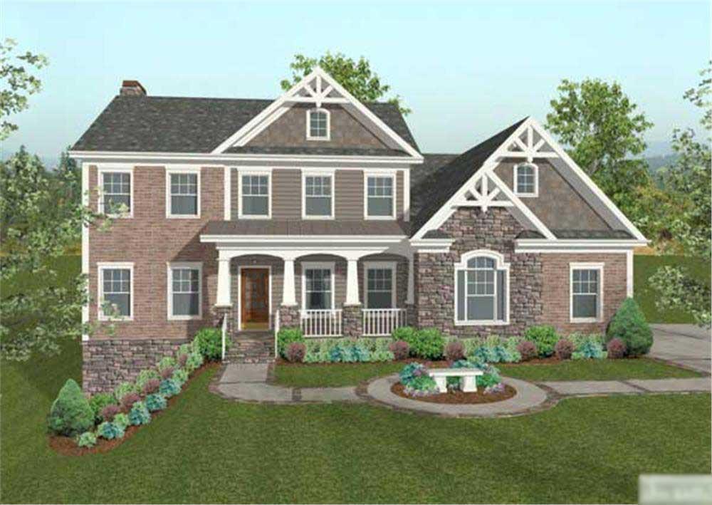 This image shows the front elevation of these Craftsman House Plans.