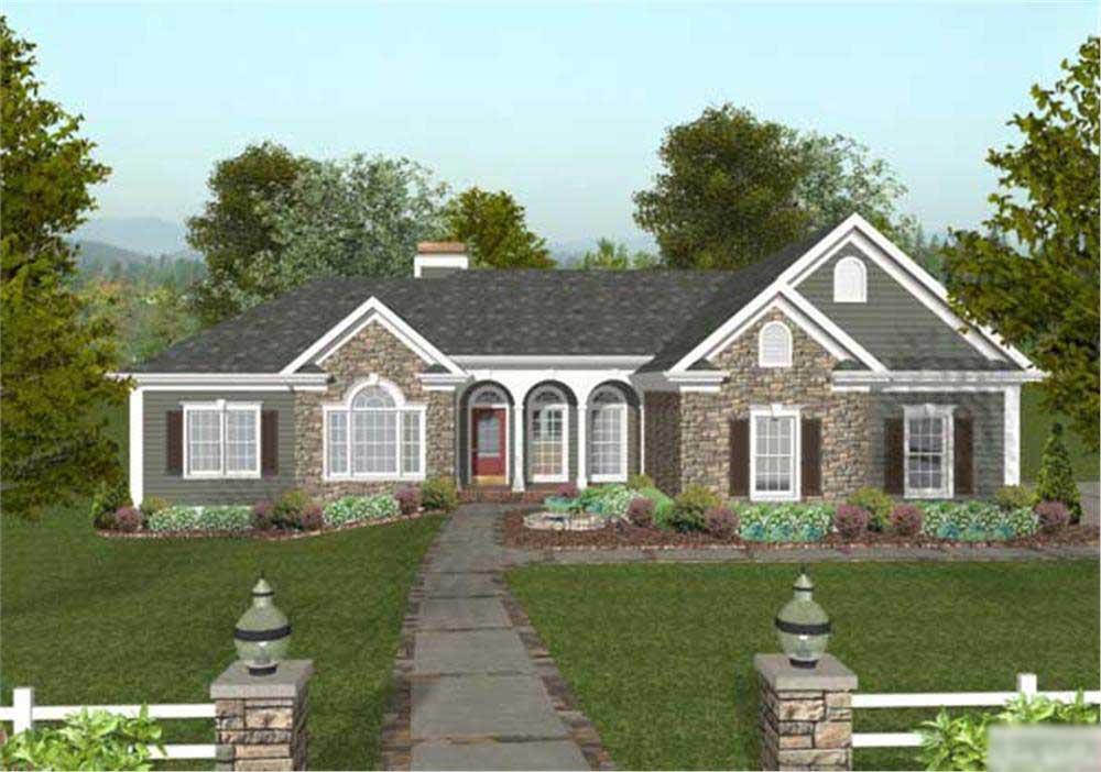 This image is the front elevation of these Craftsman Ranch House Plans.