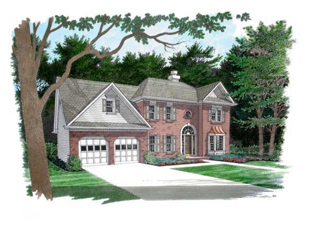 This is a colored front rendering of these Traditional Homeplans.