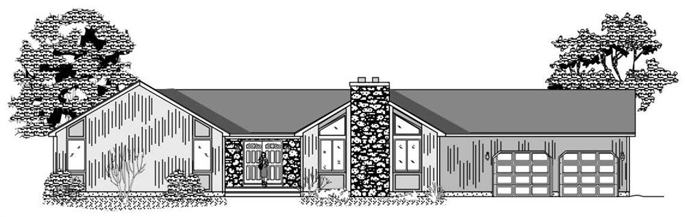 This image shows the front elevation of these Contemporary Ranch Home Plans.