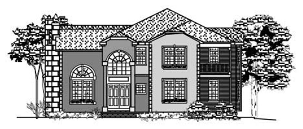 This is a black and white front elevation of these European House Plans.