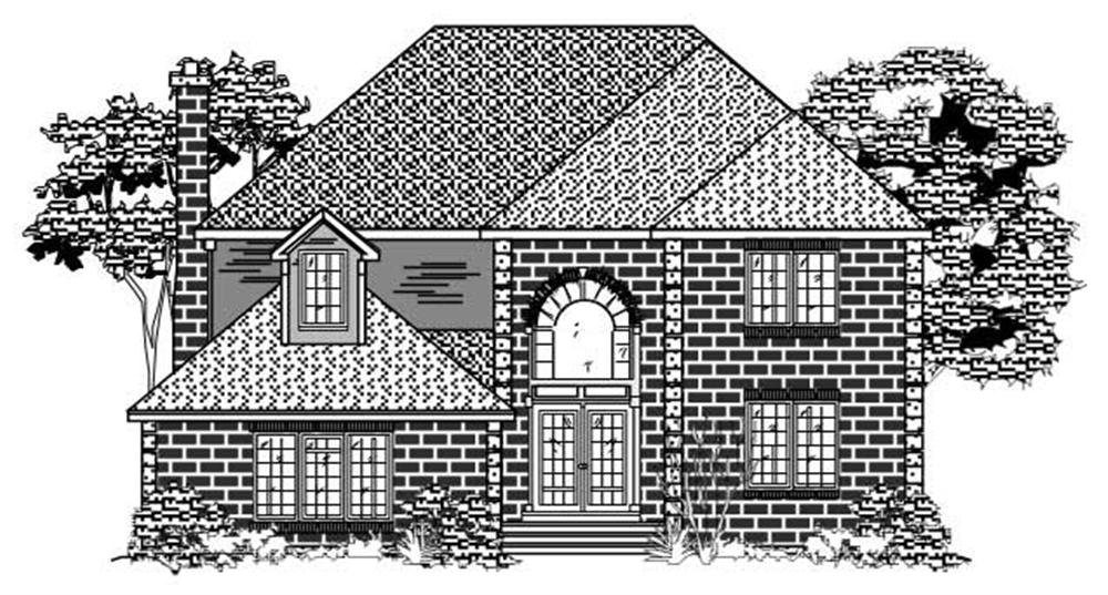 This is the black and white front elevation of these Traditional House Plans.