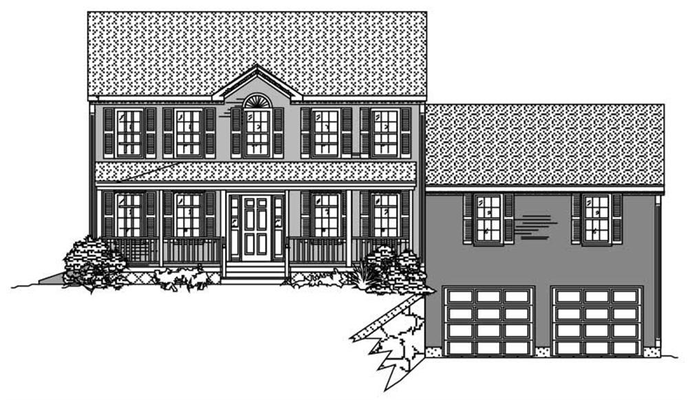 This is a black and white front rendering of these Country Homeplans.