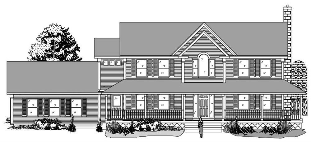 This is a black and white front elevation of these farmhouse home plans.