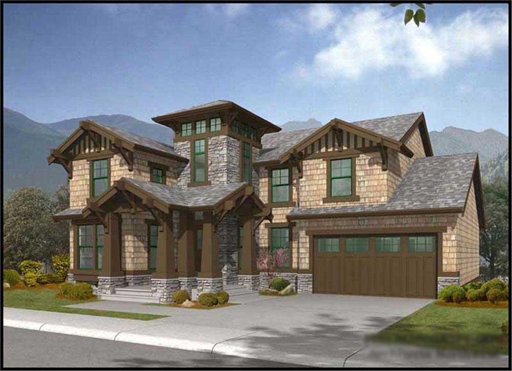 Front elevation of Craftsman home (ThePlanCollection: House Plan #115-1344)