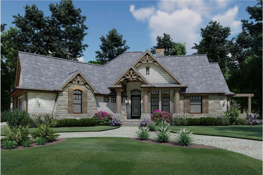 Color rendering of Ranch home plan (ThePlanCollection: House Plan #117-1107)