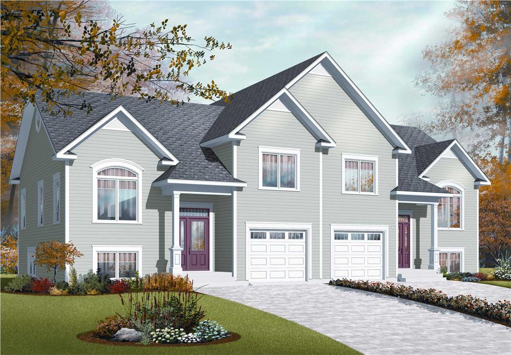 This colorful image shows a computerized three dimensional rendering of the front elevation for these Split-Level Multi-Unit Home Plans.