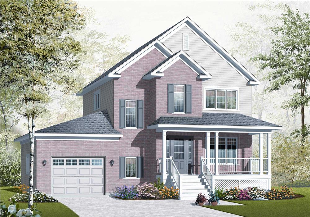 This is the front elevation (designed by a computer) for these Traditional Home Plans.