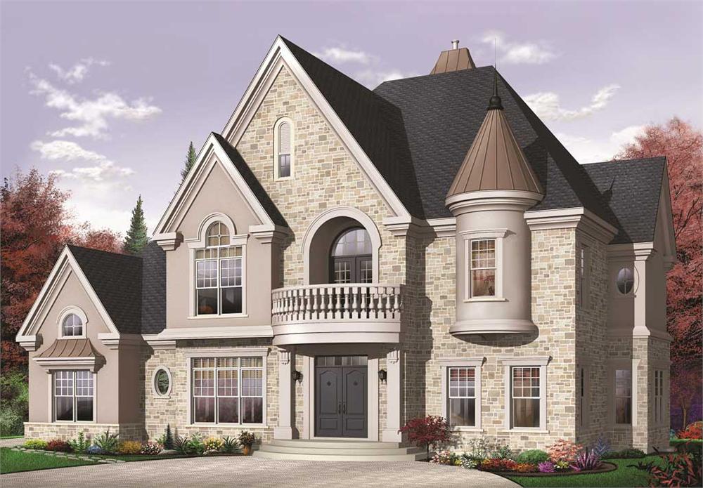 This image shows the front elevation for these Luxury Home Plans.
