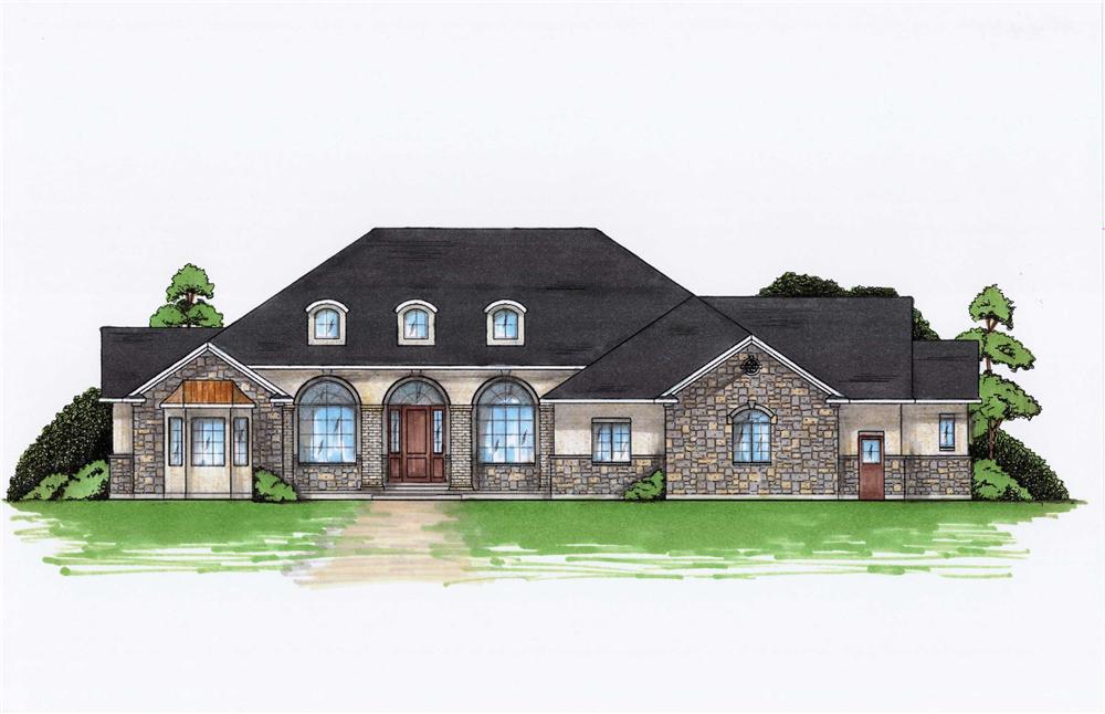 Color rendering of European home plan (ThePlanCollection: House Plan #135-1002)