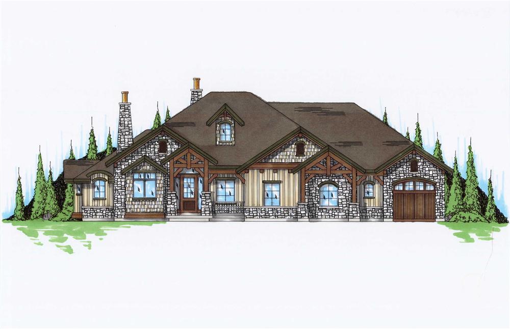 Front elevation of rustic Craftsman home (ThePlanCollection: House Plan #135-1054)
