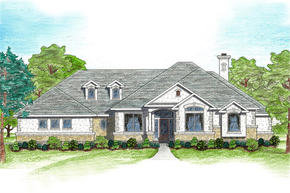 Illustration of Texas country-style house plan 136-1002. | ThePlanCollection