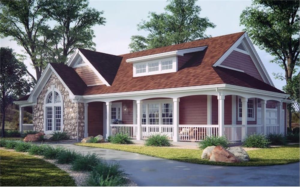 Color rendering of country home with wraparound porch (ThePlanCollection: House Plan #138-1002)