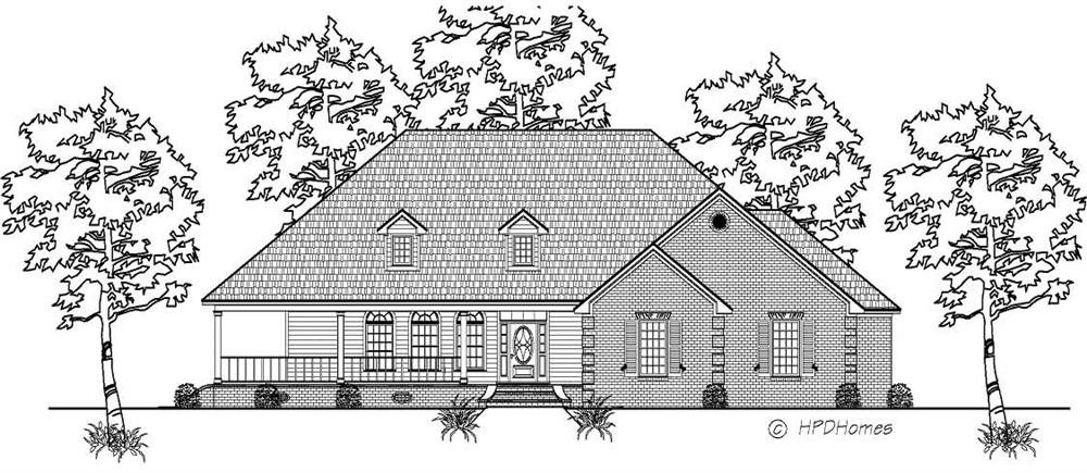 This is a black and white front elevation of these Country House Plans.