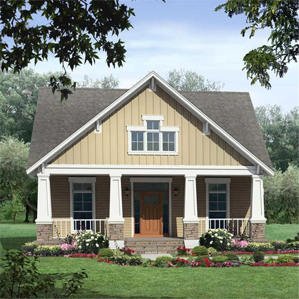 Front elevation of Bungalow home (ThePlanCollection: House Plan #141-1047)