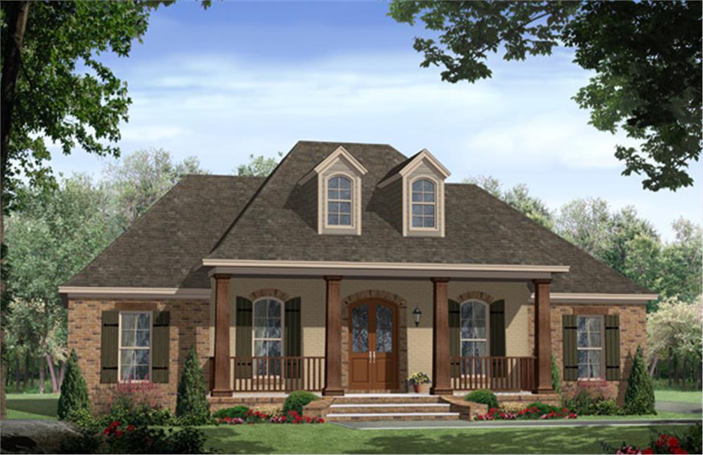 Front elevation of French Acadian home (ThePlanCollection: House Plan #141-1267)