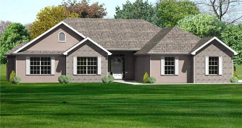 This is a nice rendering of the front of this set of Ranch House Plans.