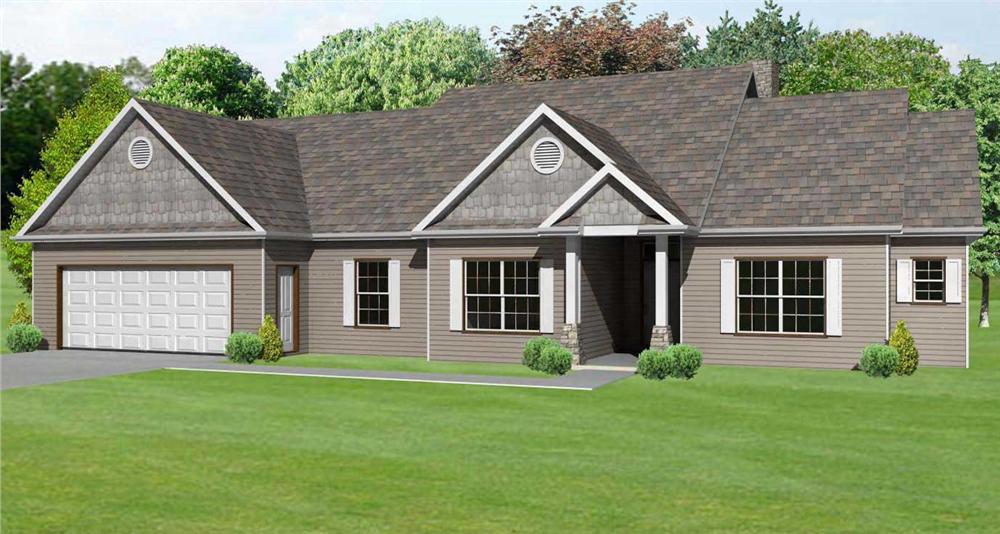 This image shows the 3D computerized colored front elevation rendering of these Craftsman Country Houseplans.