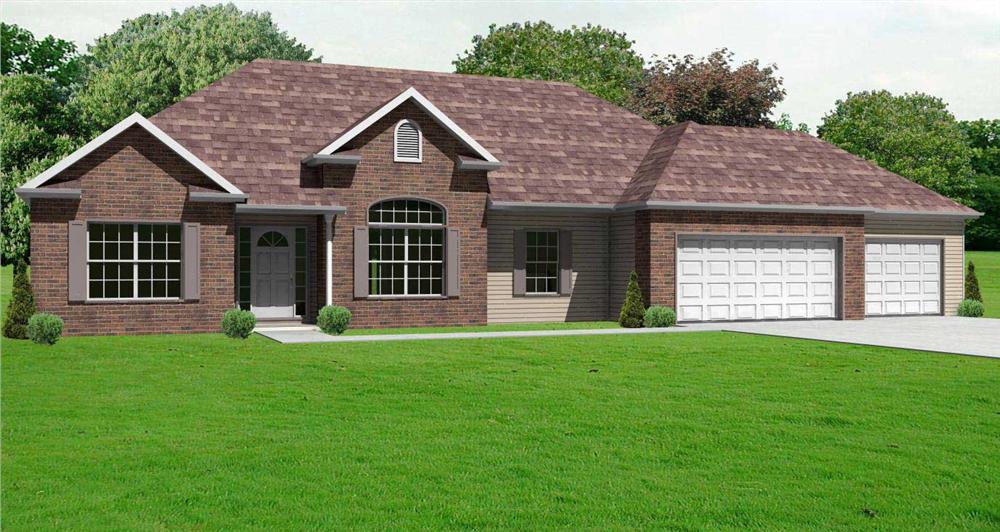 This image shows a computerized 3D front elevation rendering for these Ranch Home Plans.