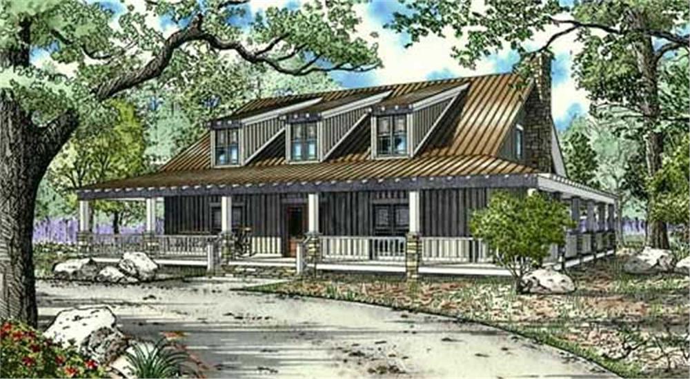 Front elevation of this camp retreat lodge (ThePlanCollection: House Plan #153-1007)