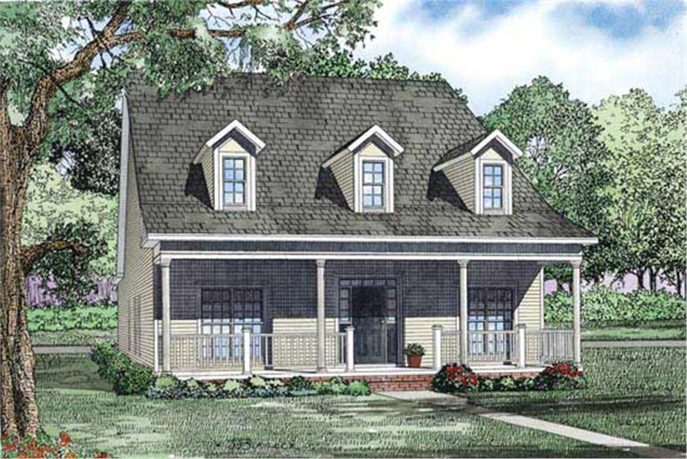 This is an artist's rendering of the front of these Country House Plans.