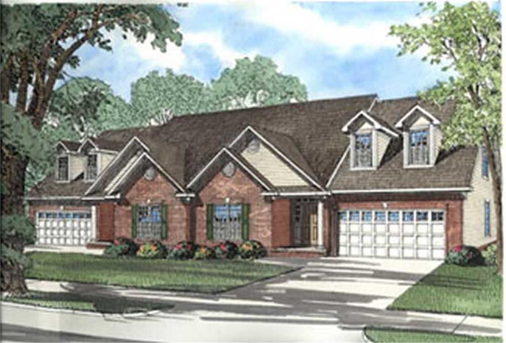 Front elevation of traditional duplex home (ThePlanCollection: House Plan #153-1182)