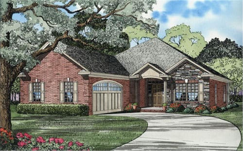 Front elevation of this French Country Ranch (ThePlanCollection: House Plan #153-1536)