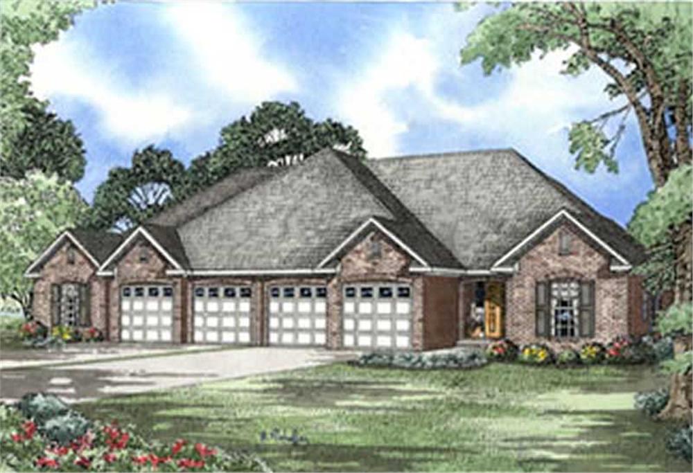 Front elevation of traditional ranch duplex (ThePlanCollection: House Plan #153-1587)