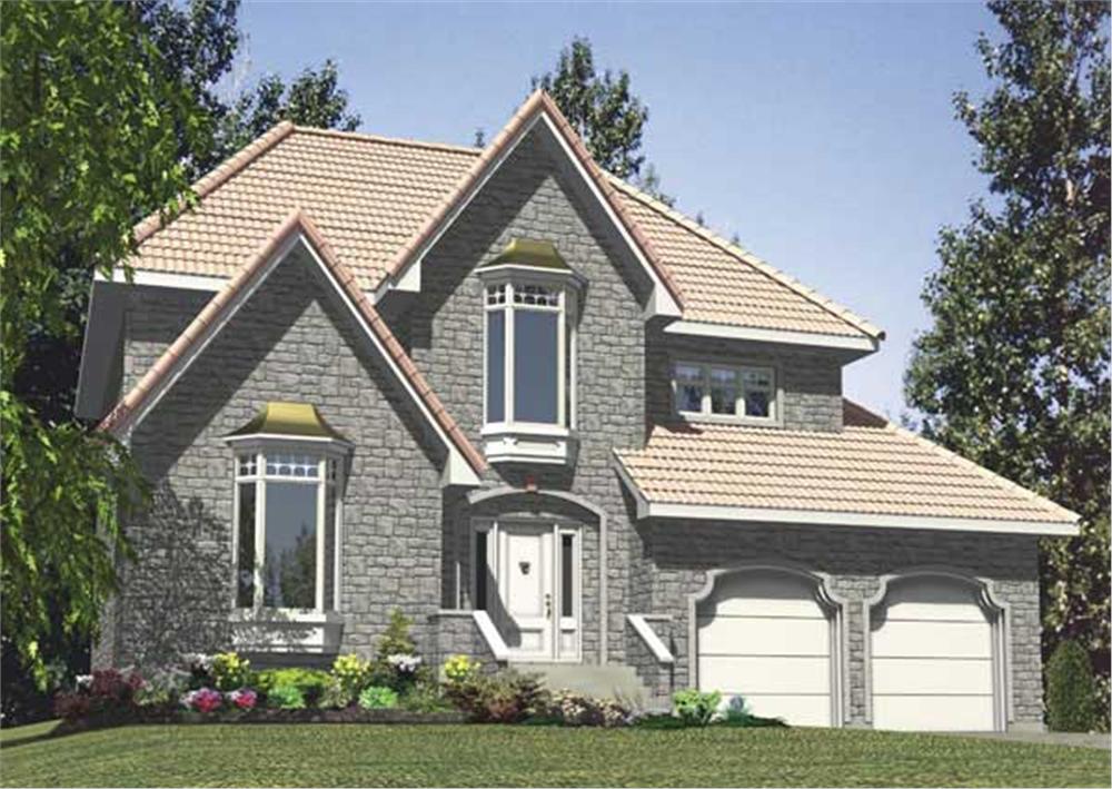 This is a computerized 3D image showing the front elevation for these Traditional House Plans.