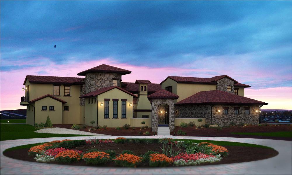 This is the front elevation for these Tuscan Home Plans.