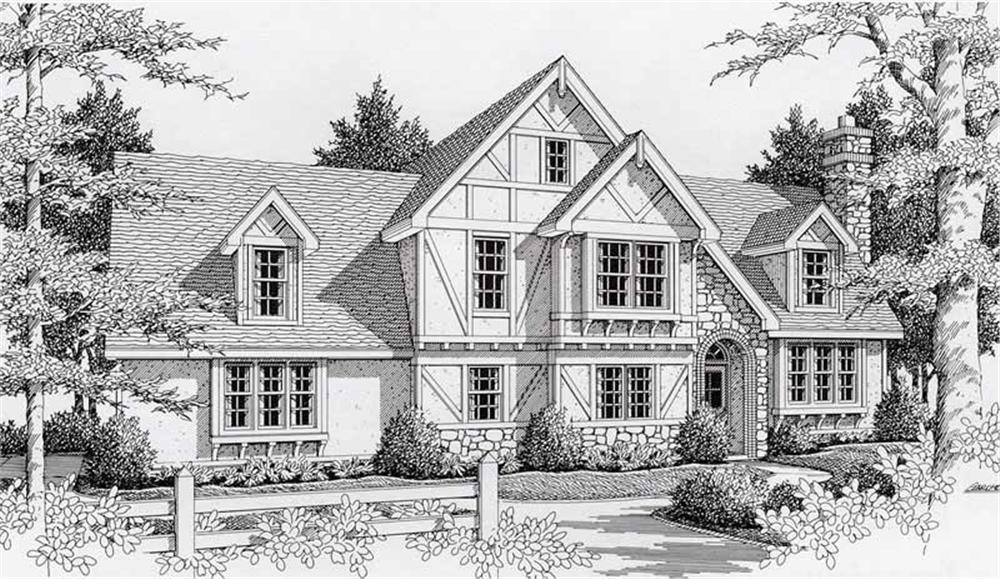 Front elevation of Tudor home (ThePlanCollection: House Plan #162-1017)