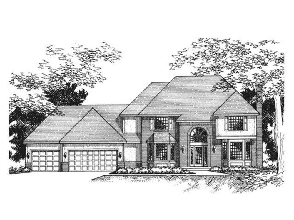 This image shows the front elevation of this set of European House Plans.