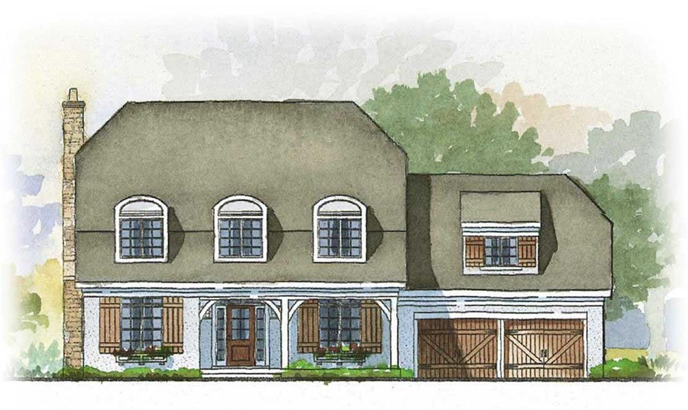 This image shows a colored front elevation of the Baxter Farmhouse House Plans.