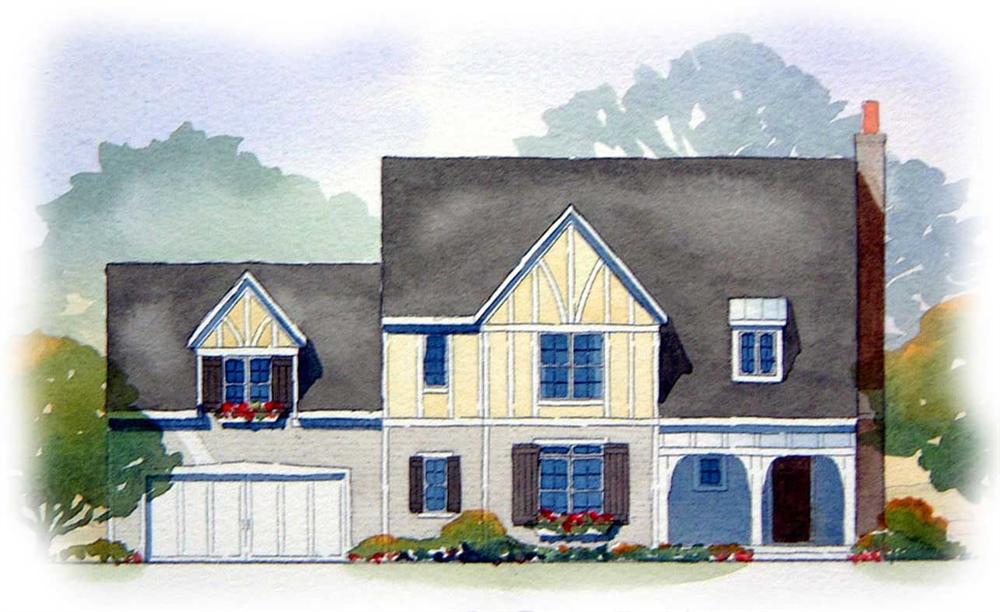 This image shows the front elevation of these Country/Tudor Home Plans.