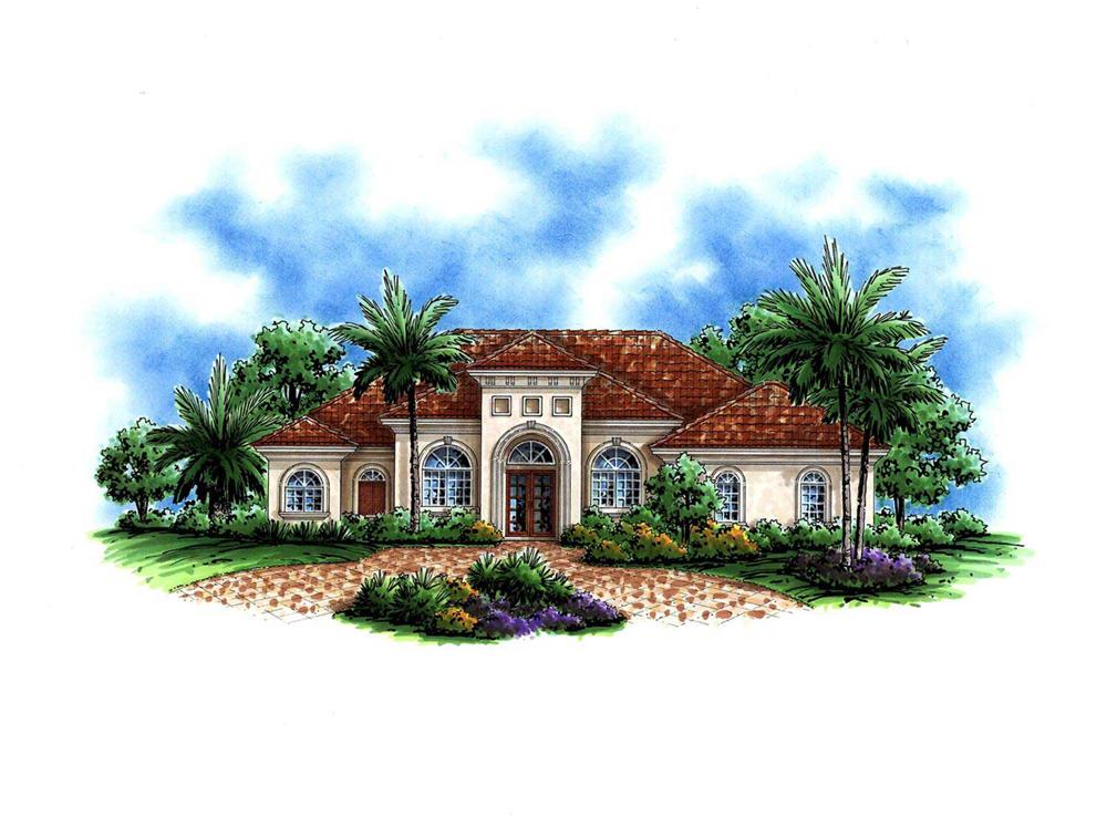 This image shows a colorful artist's rendering of these Mediterranean Homeplans.