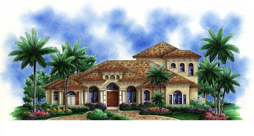 This image is an artist's rendering of these Mediterranean House Plans.