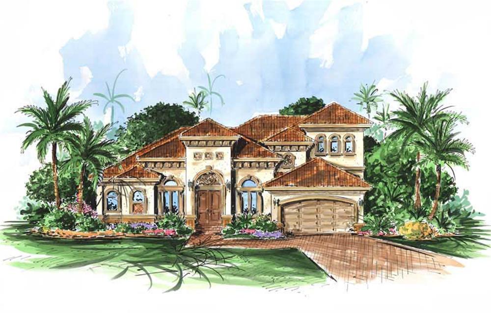 This image shows the exterior to this set of Mediterranean House Plans.