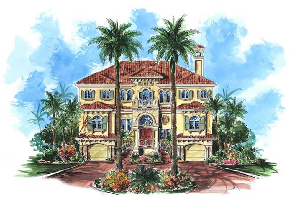 This image shows the front elevation for these Mediterranean Designs, Florida Homes.